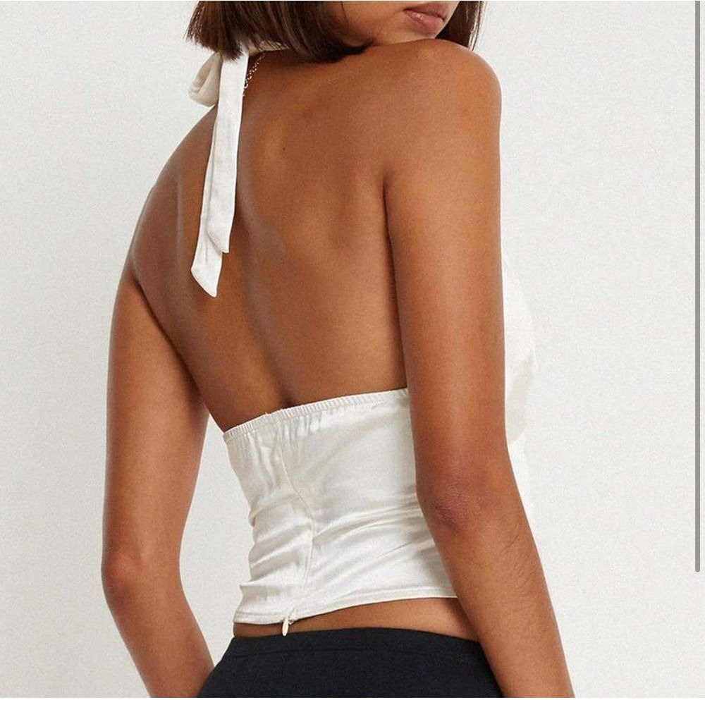 Commense Y2K White Satin Halter Top Lace Trim Plunge Backless Crop Size S - Picture 8 of 11